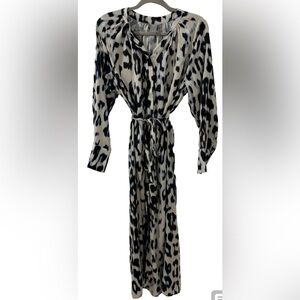 H&M long blue leopard long sleeve dress with tie